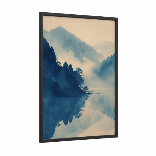 Misty Mountain Lake framed art print — black wood frame — blue and white and cream palette