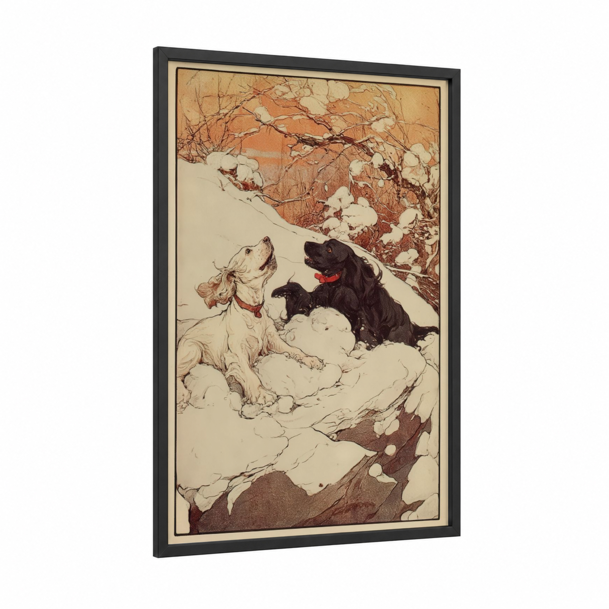 Snowy Spaniel Pair framed art print — black wood frame — cream and russet palette