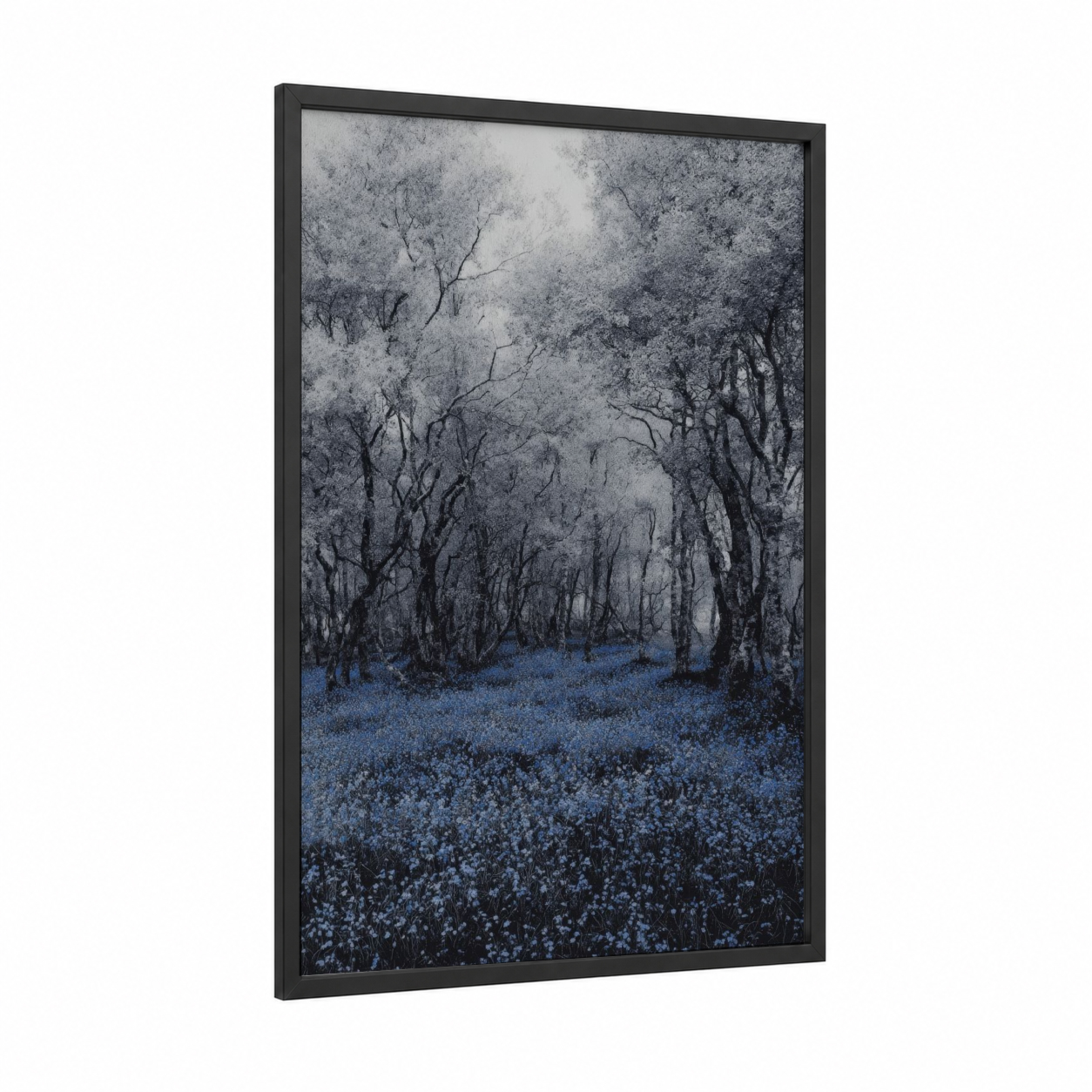 Enchanted Forest Bloom framed dreamscape print — black wood frame — blue and white and gray palette