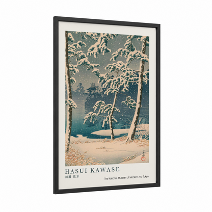Snowy Lake Vista framed winter print — black wood frame — blue and cream palette