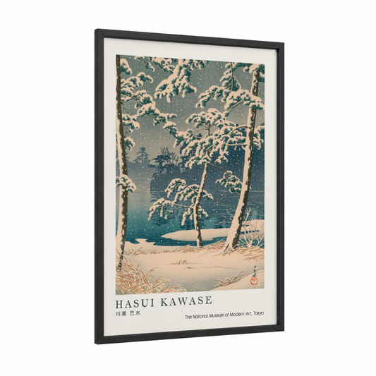 Snowy Lake Vista framed winter print — black wood frame — blue and cream palette