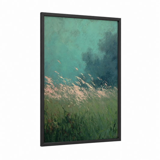 Ethereal Meadow framed dreamscape print — black wood frame — turquoise and sage green palette