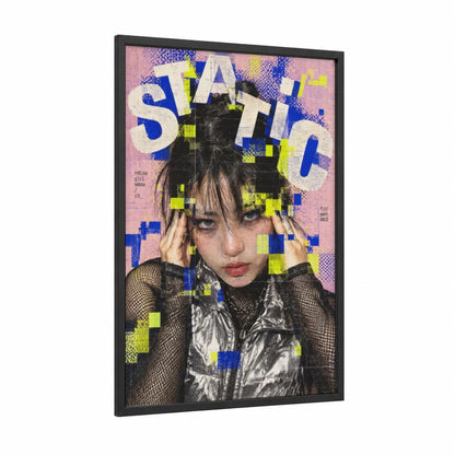 Bold Static Fashion Portrait Wall Art framed fashion illustration print — black wood frame — blue and yellow palette