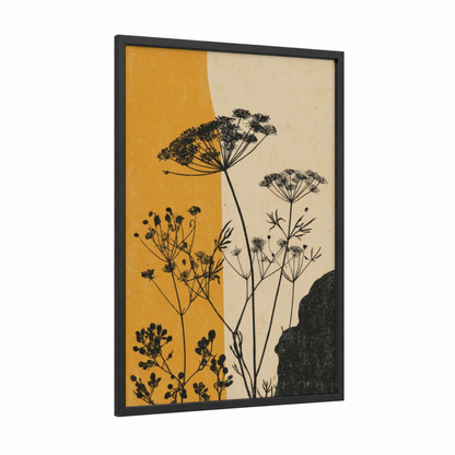 Golden Fennel Botanical framed herbs and spices print — black wood frame — yellow gold and cream palette
