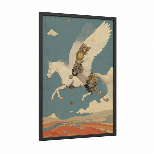 Steampunk Pegasus framed art print — black wood frame — teal and cream palette