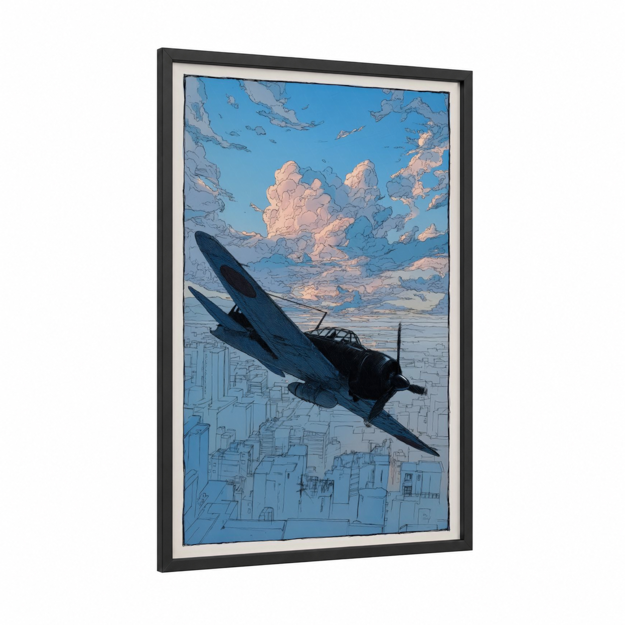 Soaring Vintage Plane framed vintage airplane print — black wood frame — blue and gold palette