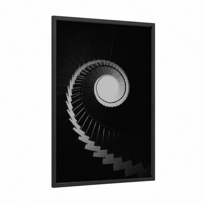 Spiral Staircase framed art print — black wood frame — black and white palette