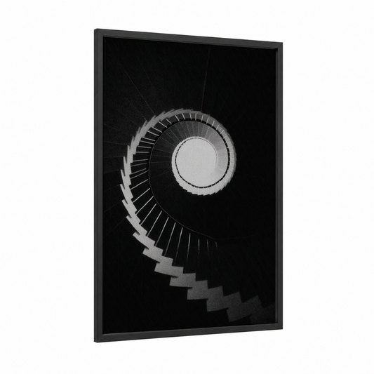 Spiral Staircase framed art print — black wood frame — black and white palette