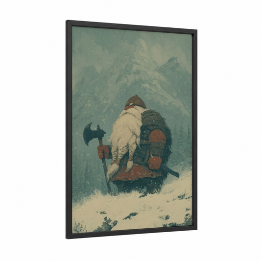 Mountain Dwarf framed dwarves print — black wood frame — sage green and cream palette