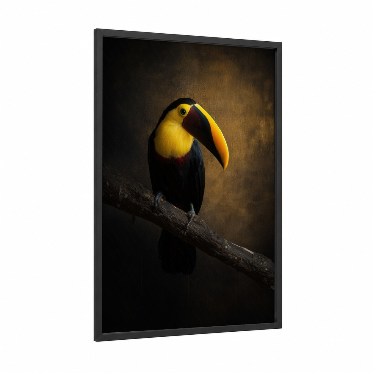 Golden Toucan Portrait framed art print — black wood frame — gold and black palette