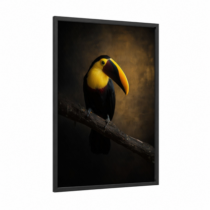 Golden Toucan Portrait framed art print — black wood frame — gold and black palette