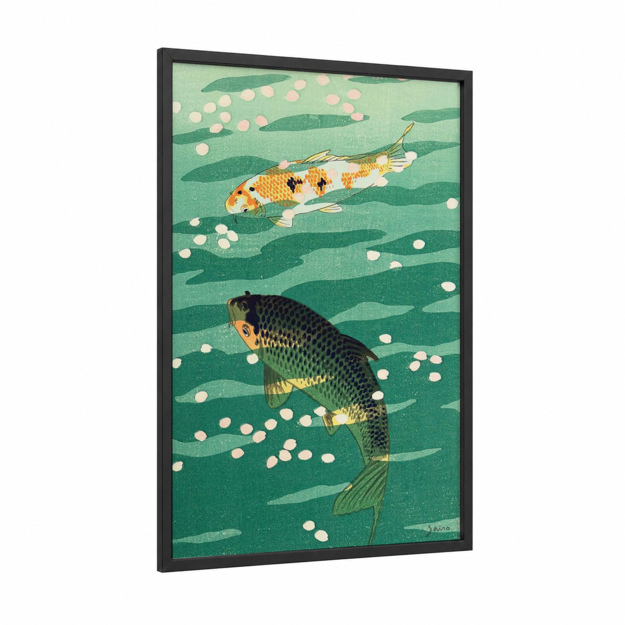 Golden Koi Pair framed koi fish print — black wood frame — light green and cream palette