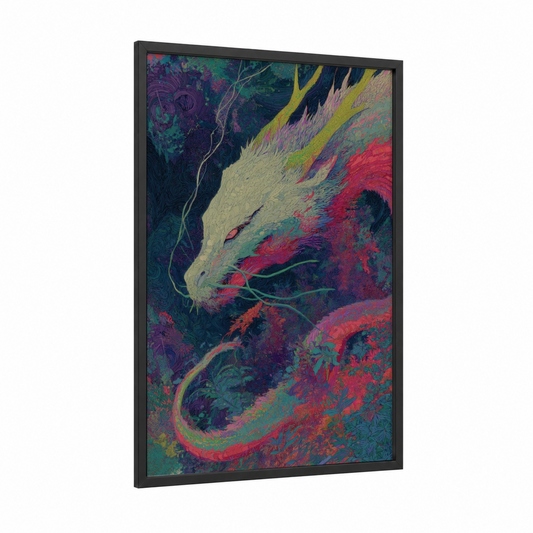 Crimson Dream Dragon framed art print — black wood frame — magenta and teal palette