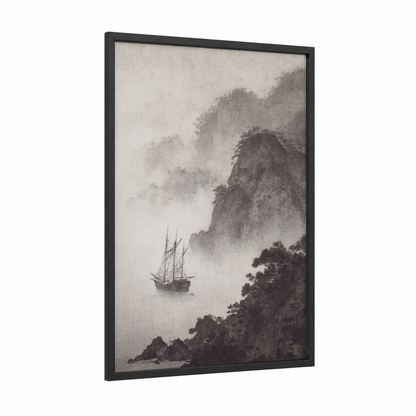 Misty Sailing Adventure framed art print — black wood frame — black and white and gray palette
