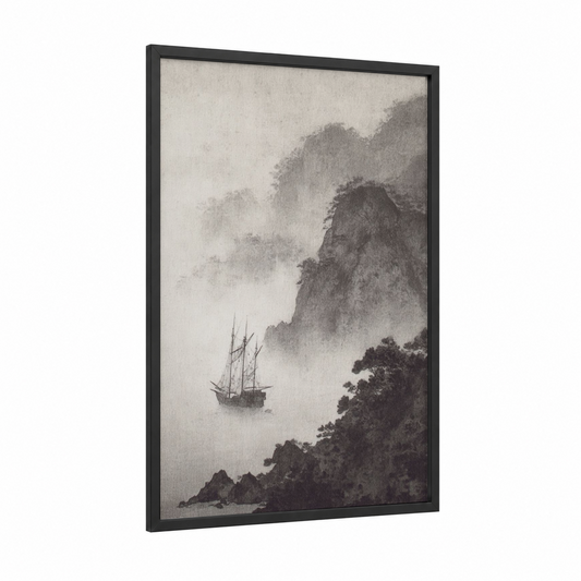 Misty Sailing Adventure framed art print — black wood frame — black and white and gray palette