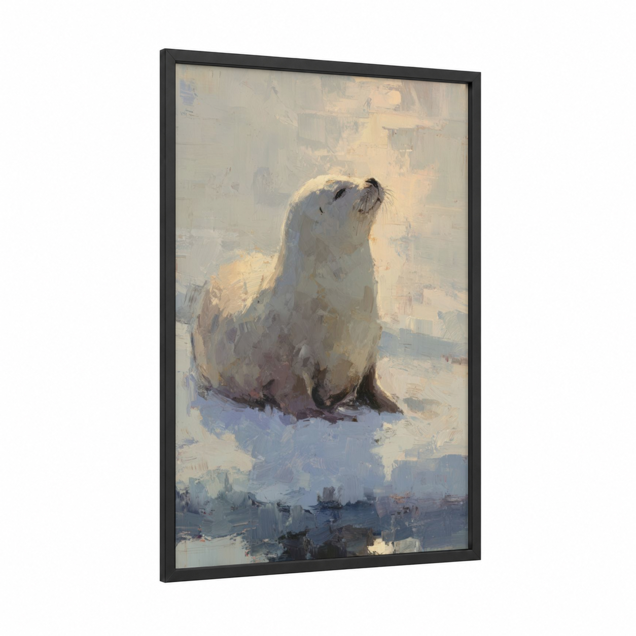 Arctic Sea Lion framed art print — black wood frame — cream and blue and gray palette