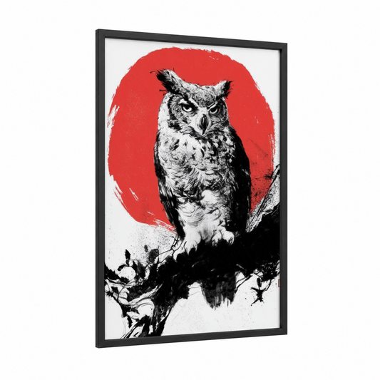 Crimson Moon Owl framed art print — black wood frame — red and black and white palette