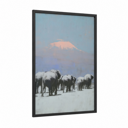 Snowy Mountain Elephants framed savanna elephant print — black wood frame — blue and white and peach palette