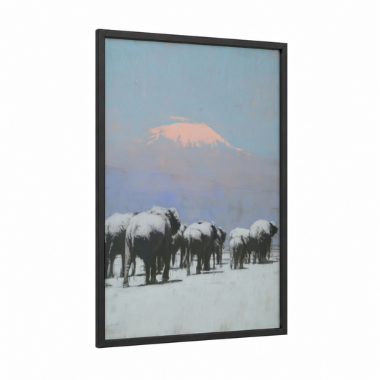 Snowy Mountain Elephants framed savanna elephant print — black wood frame — blue and white and peach palette