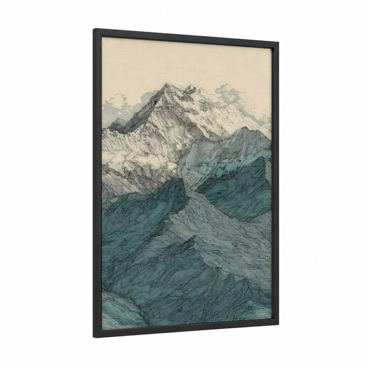 Snowy Everest framed mount everest print — black wood frame — gray and teal palette