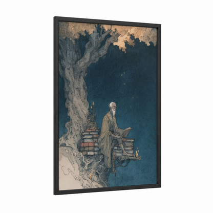 Scholarly Elf framed art print — black wood frame — blue and cream palette