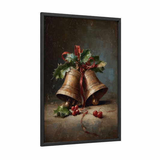 Golden Christmas Bells framed art print — black wood frame — red and gold palette