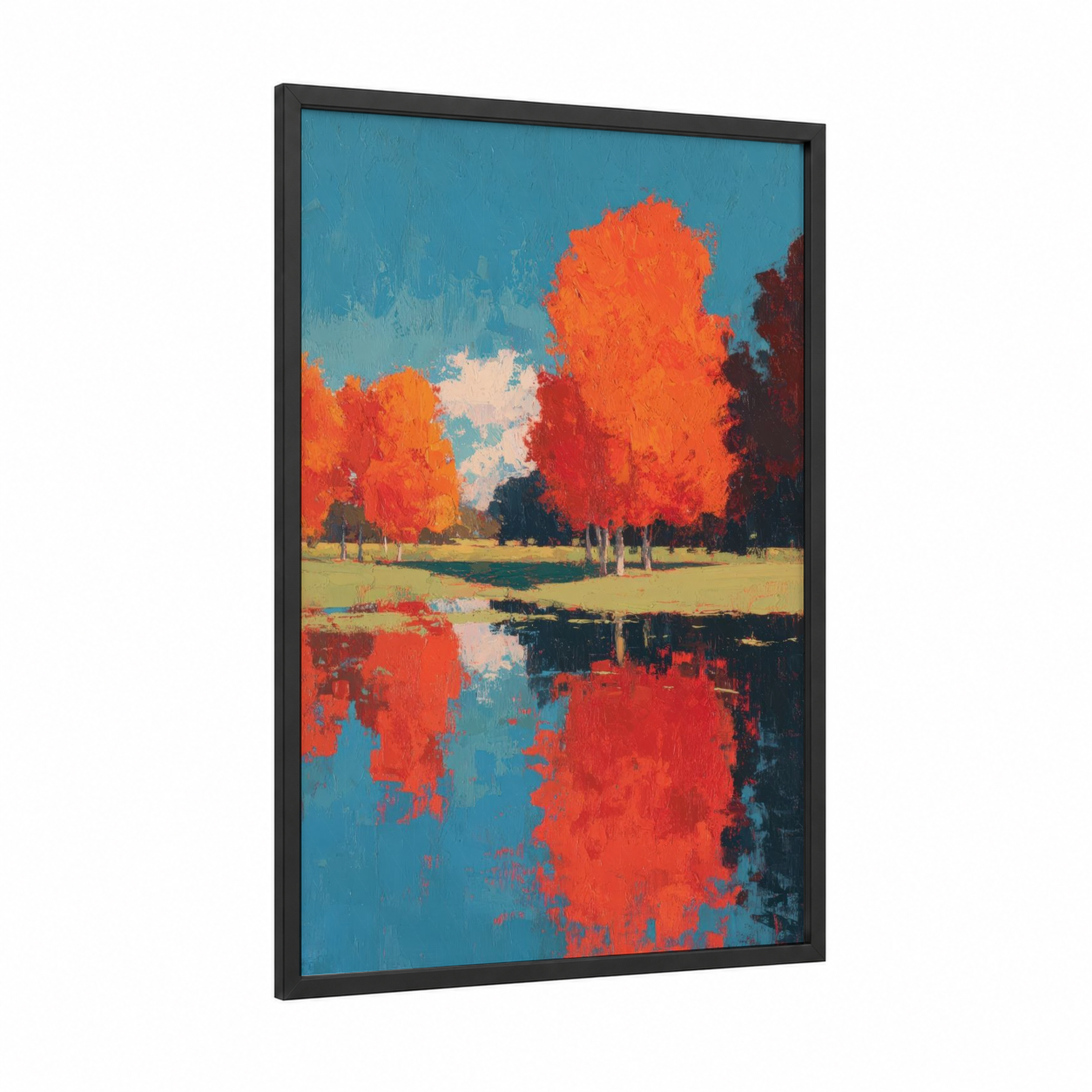 Crimson Autumn Golf framed art print — black wood frame — orange and blue palette