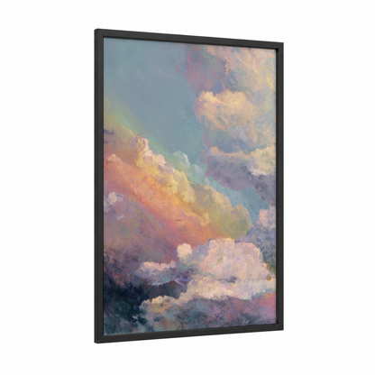 Pastel Rainbow Sky framed art print — black wood frame — gold and lavender palette
