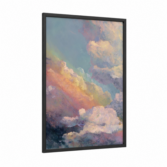 Pastel Rainbow Sky framed art print — black wood frame — gold and lavender palette