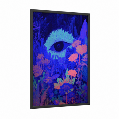 Mystical Eye Garden framed magic and witchcraft print — black wood frame — blue and magenta palette