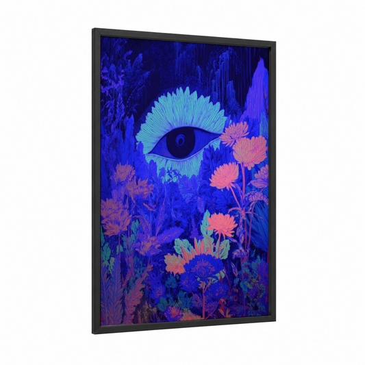Mystical Eye Garden framed magic and witchcraft print — black wood frame — blue and magenta palette