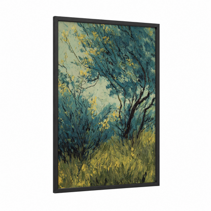 Golden Savanna Trees framed savanna and desert trees print — black wood frame — teal and yellow gold palette
