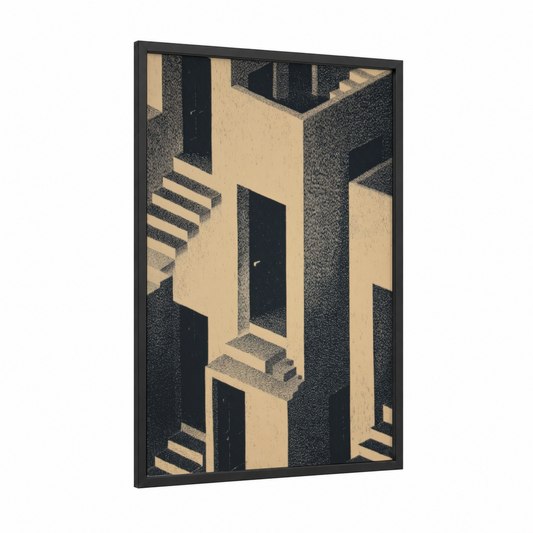 Geometric Door Passage framed art print — black wood frame — black and white and cream palette