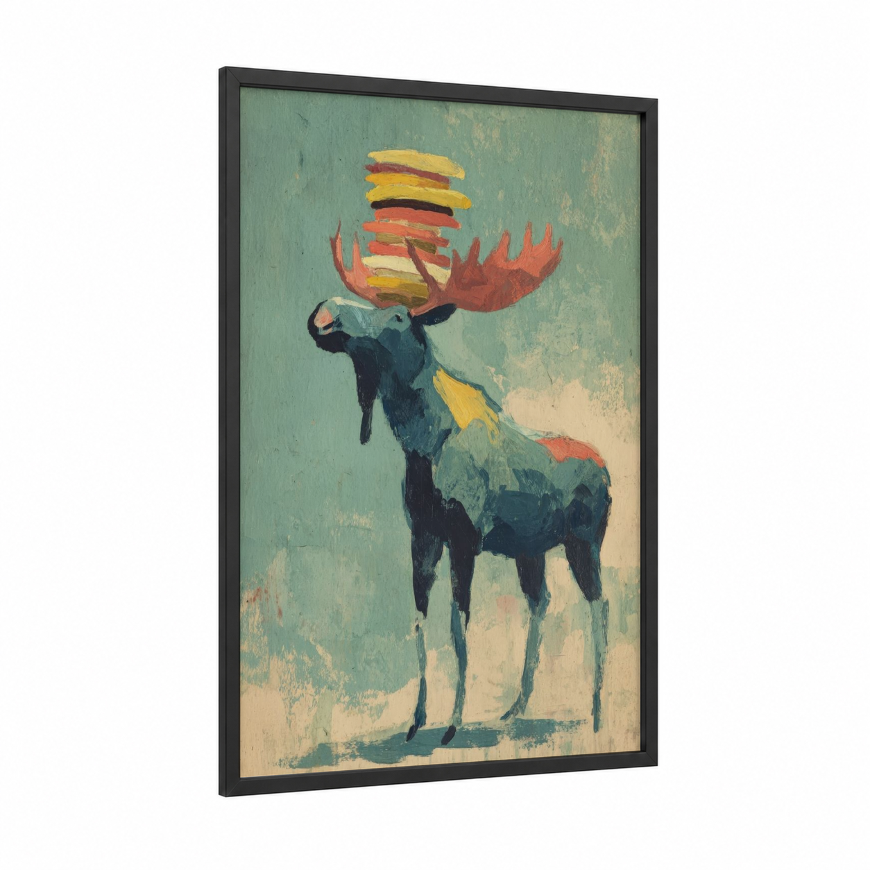 Colorful Moose framed art print — black wood frame — teal and yellow gold palette