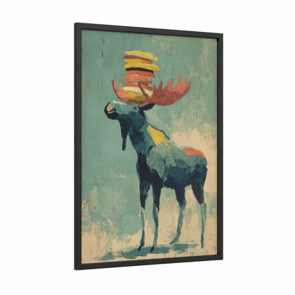 Colorful Moose framed art print — black wood frame — teal and yellow gold palette
