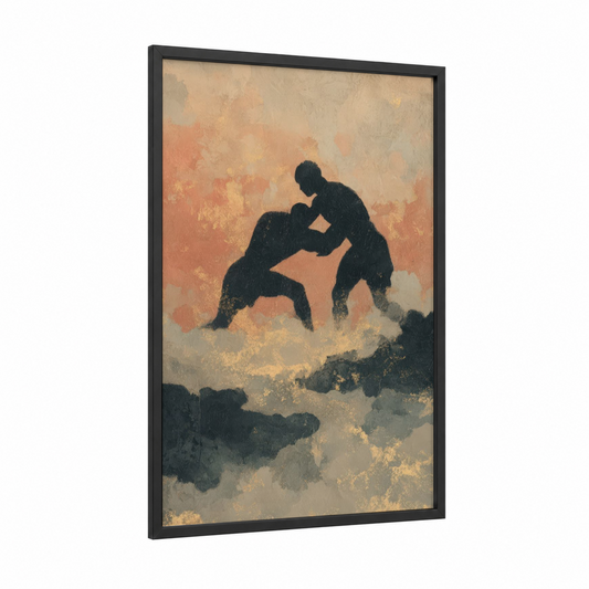 Combat Silhouette framed wrestling print — black wood frame — gold and black and gold palette