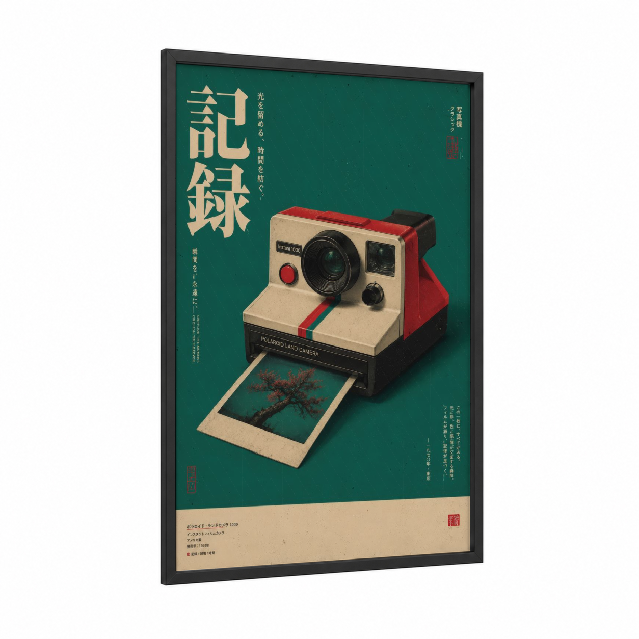 Vintage Polaroid Camera Japanese Retrofuturism Wall Art framed music equipment print — black wood frame — teal and cream palette
