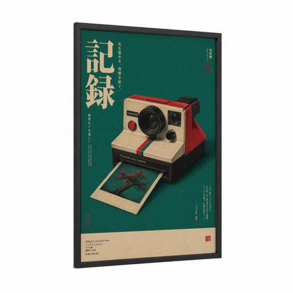 Vintage Polaroid Camera Japanese Retrofuturism Wall Art framed music equipment print — black wood frame — teal and cream palette