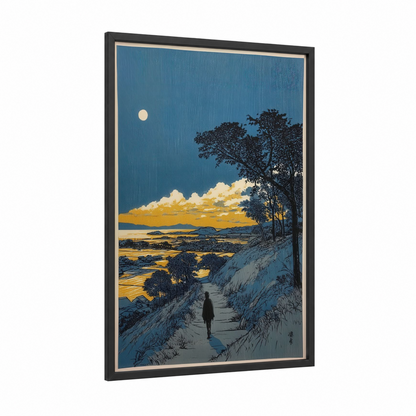 Moonlit Valley Path framed various landscapes print — black wood frame — blue and gold palette