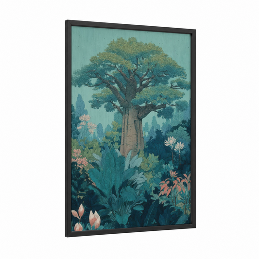Baobab Garden framed baobab tree print — black wood frame — teal and peach palette