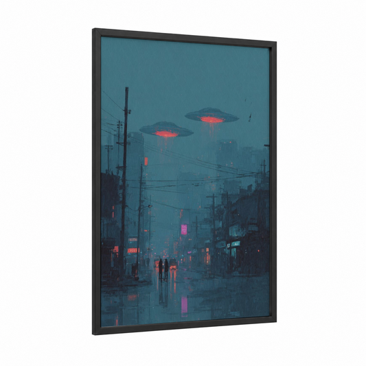 Neon UFO Invasion framed art print — black wood frame — blue and gold and magenta palette