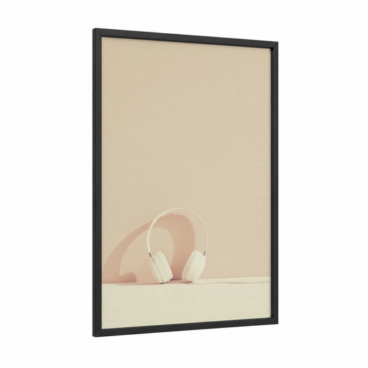 Minimalist White Headphones framed art print — black wood frame — beige and peach palette