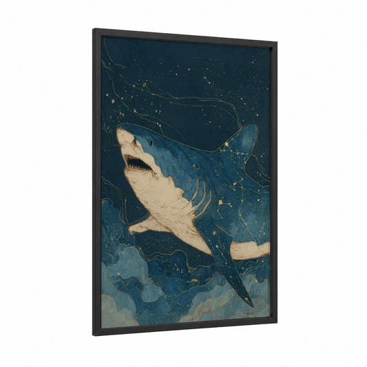 Golden Lemon Shark framed art print — black wood frame — dark blue and gold and white palette