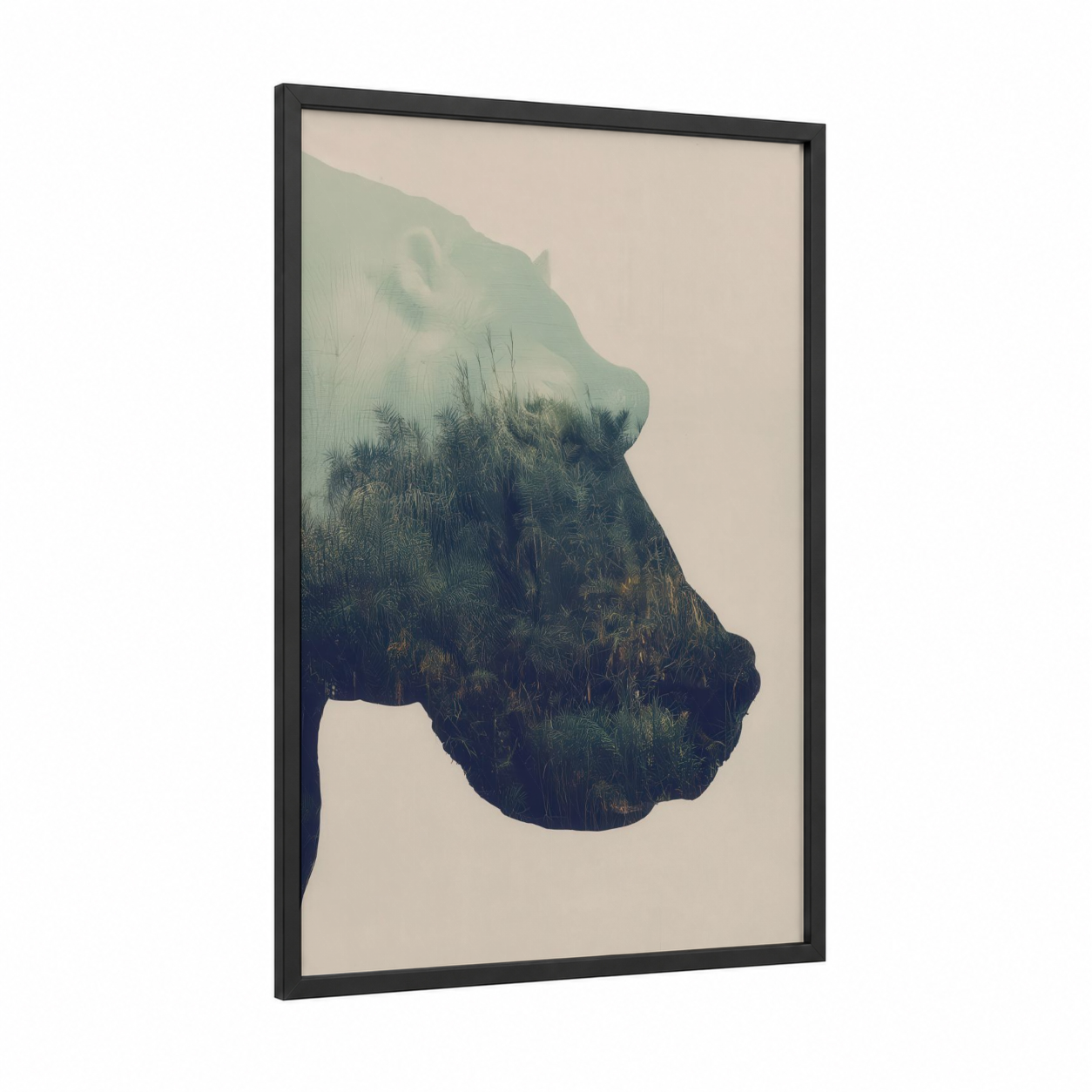 Misty Hippo Portrait framed art print — black wood frame — sage green and cream palette
