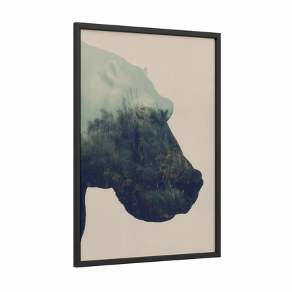 Misty Hippo Portrait framed art print — black wood frame — sage green and cream palette