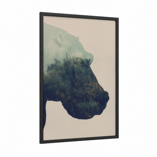 Misty Hippo Portrait framed art print — black wood frame — sage green and cream palette