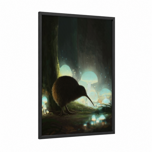 Glowing Kiwi framed art print — black wood frame — teal and gold palette