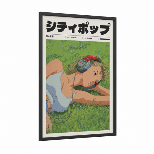 Grassland Dreamer framed anime and manga print — black wood frame — light green and peach palette
