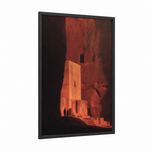 Amber Monastery framed art print — black wood frame — russet and gold palette