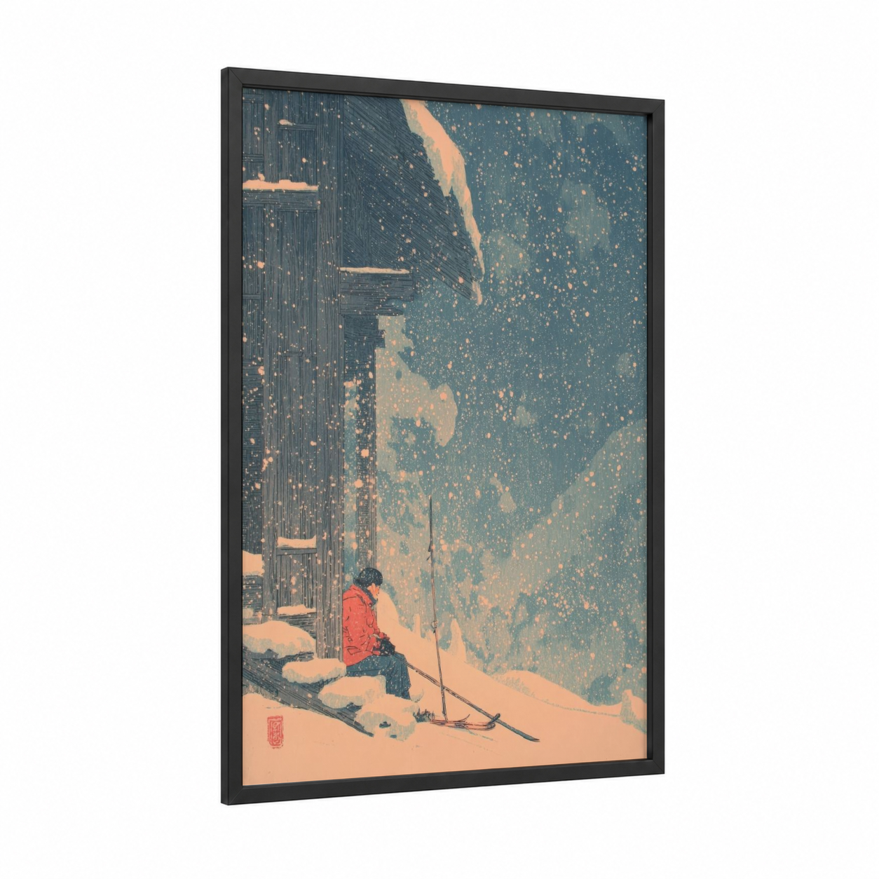 Snowy Mountain Skier framed skiing print — black wood frame — teal and peach palette